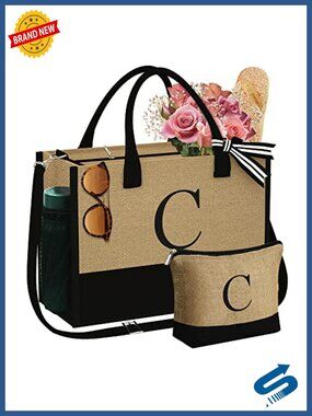 Personalized Jute Tote Bag With Makeup Bag, Gift for Women
